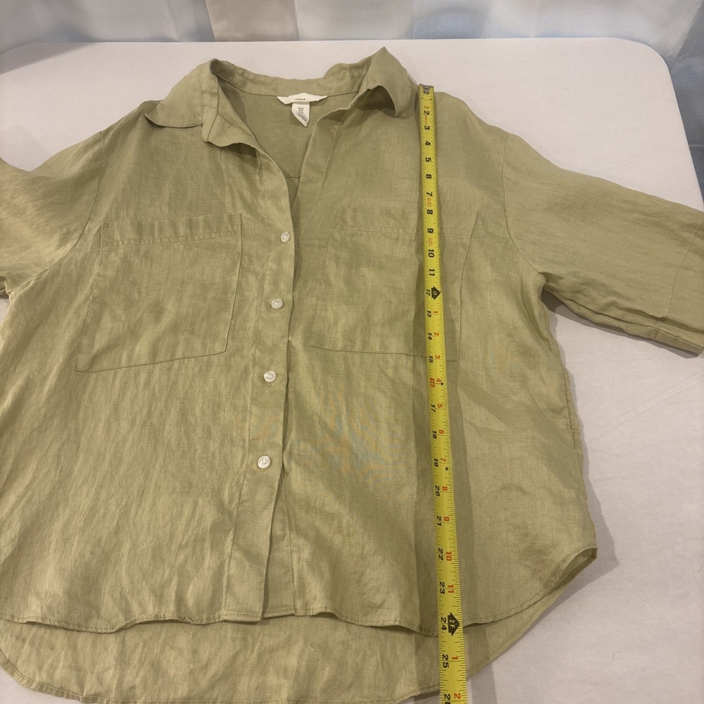 H&M Linen Shirt Sage Women Size Medium Button Front Short Sleeve Coastal Top - Picture 6 of 6